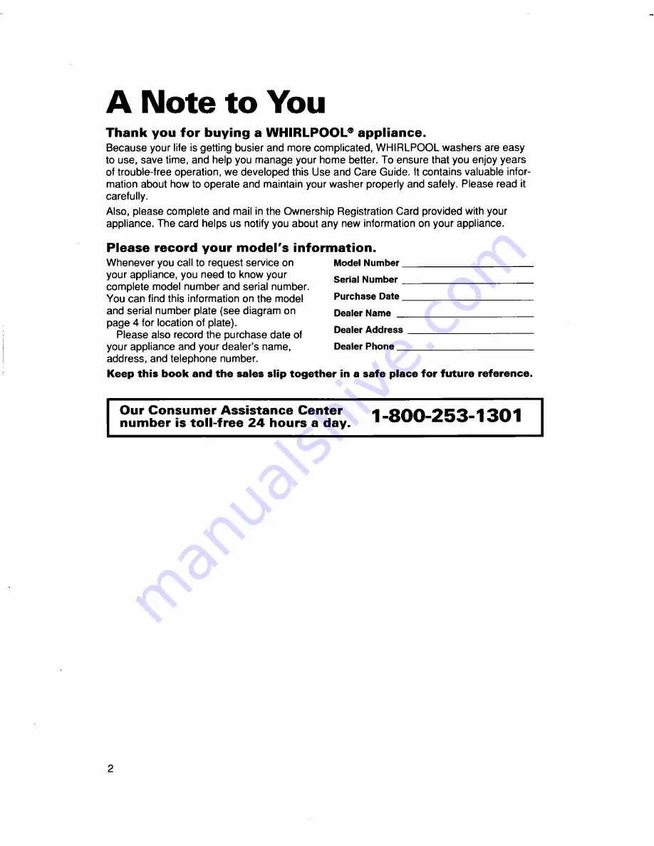 Whirlpool LSR7233DQ0 Use And Care Manual Download Page 2