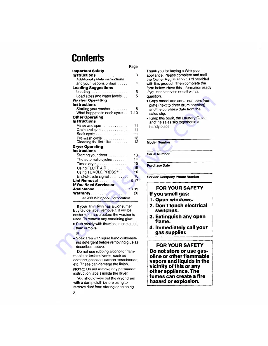 Whirlpool LT51OOXS Use & Care Manual Download Page 2