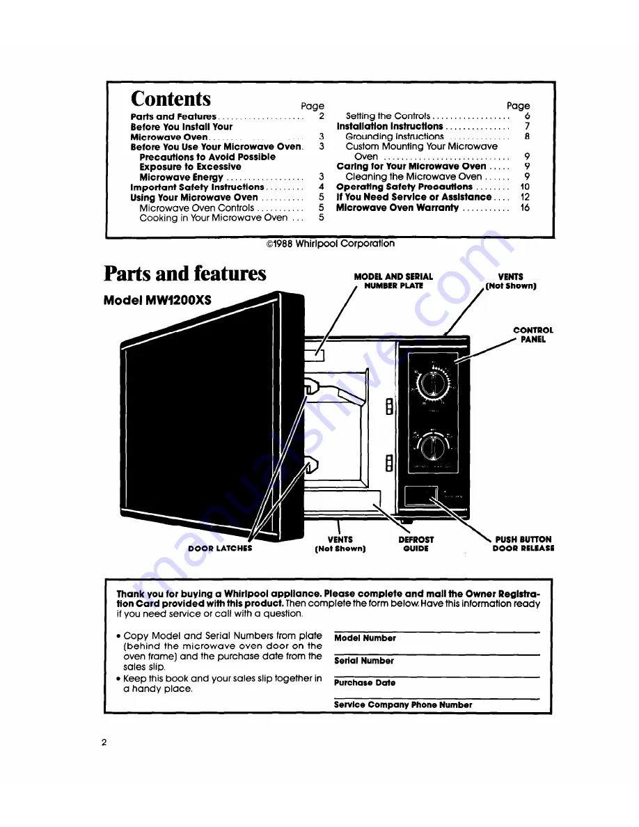 Whirlpool MW1200XS Use & Care Manual Download Page 2