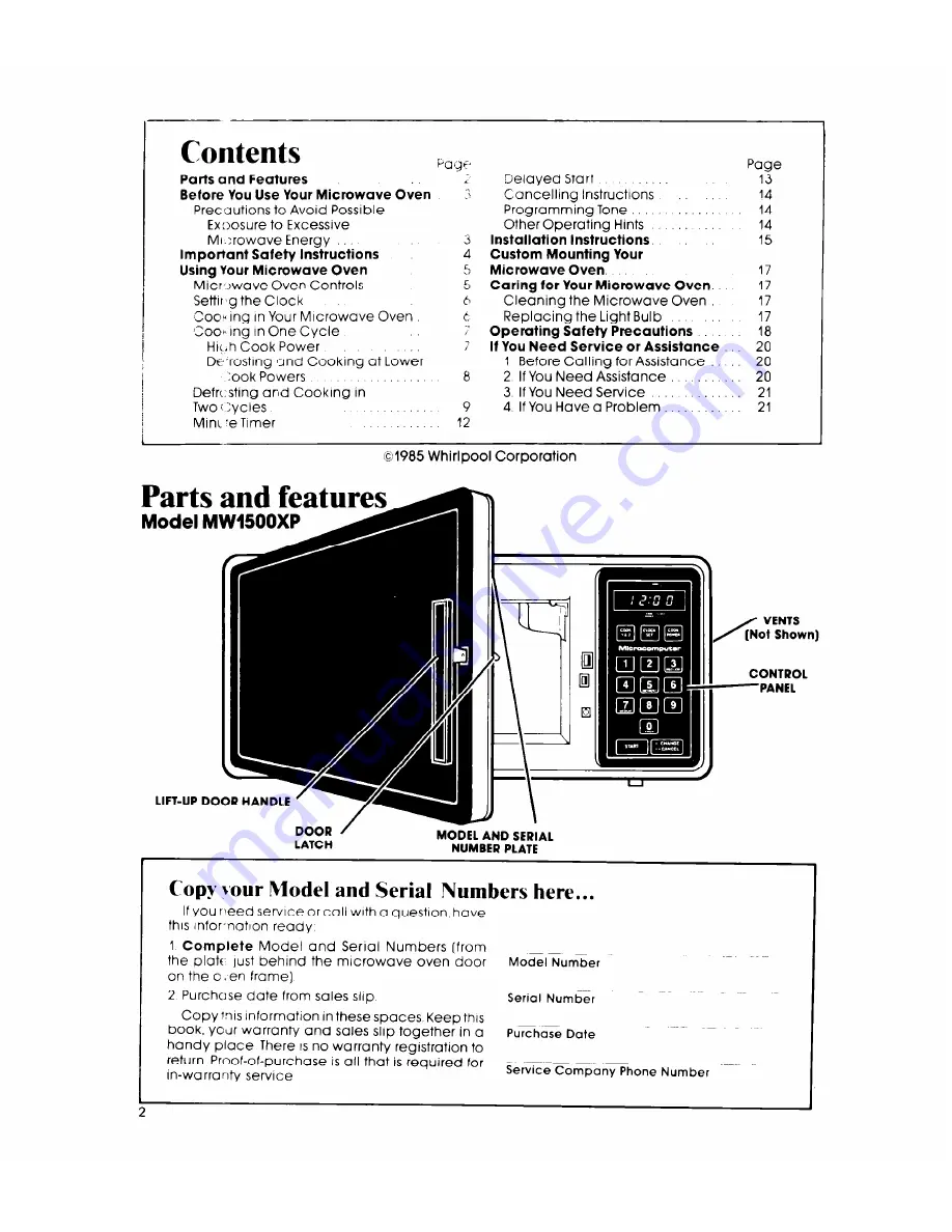 Whirlpool MW1500XP Скачать руководство пользователя страница 2