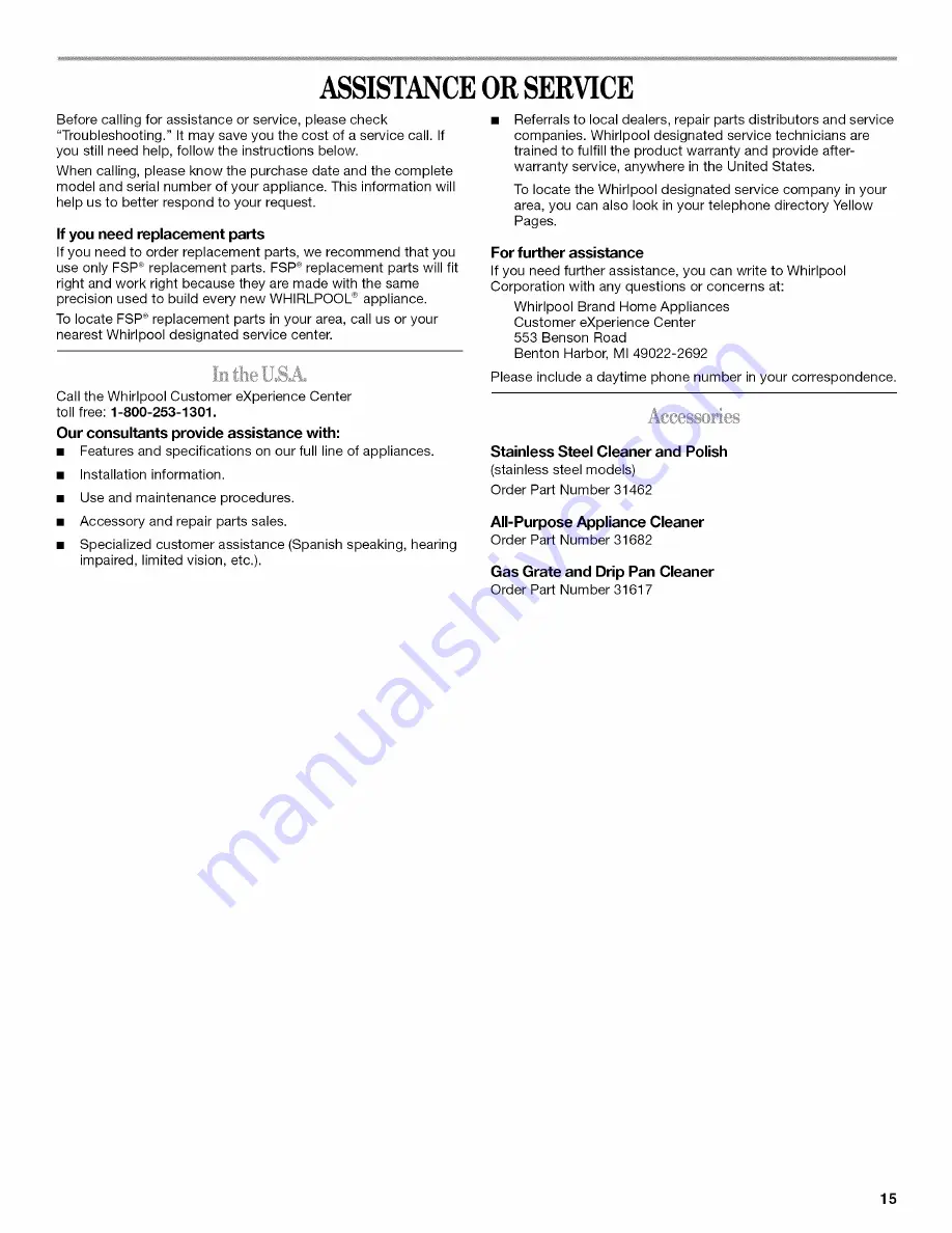 Whirlpool SF216LXSM2 Use & Care Manual Download Page 15