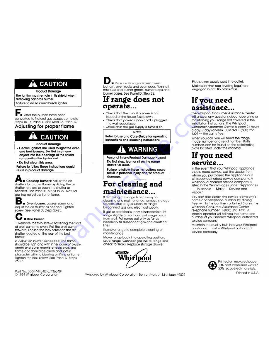 Whirlpool SF388PEWN0 Installation Instructions Manual Download Page 7