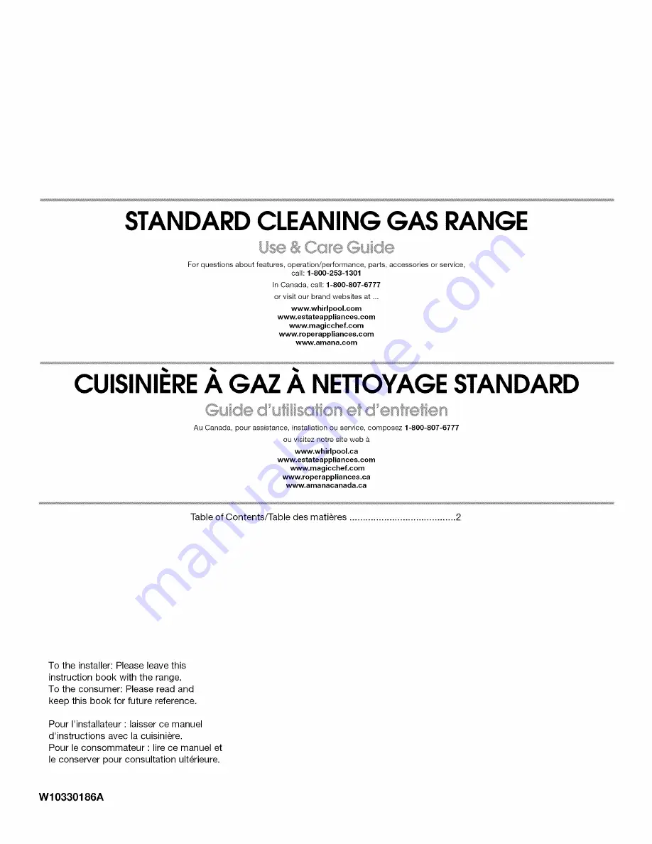 Whirlpool STANDARD CLEANING W10330186A Use & Care Manual Download Page 1