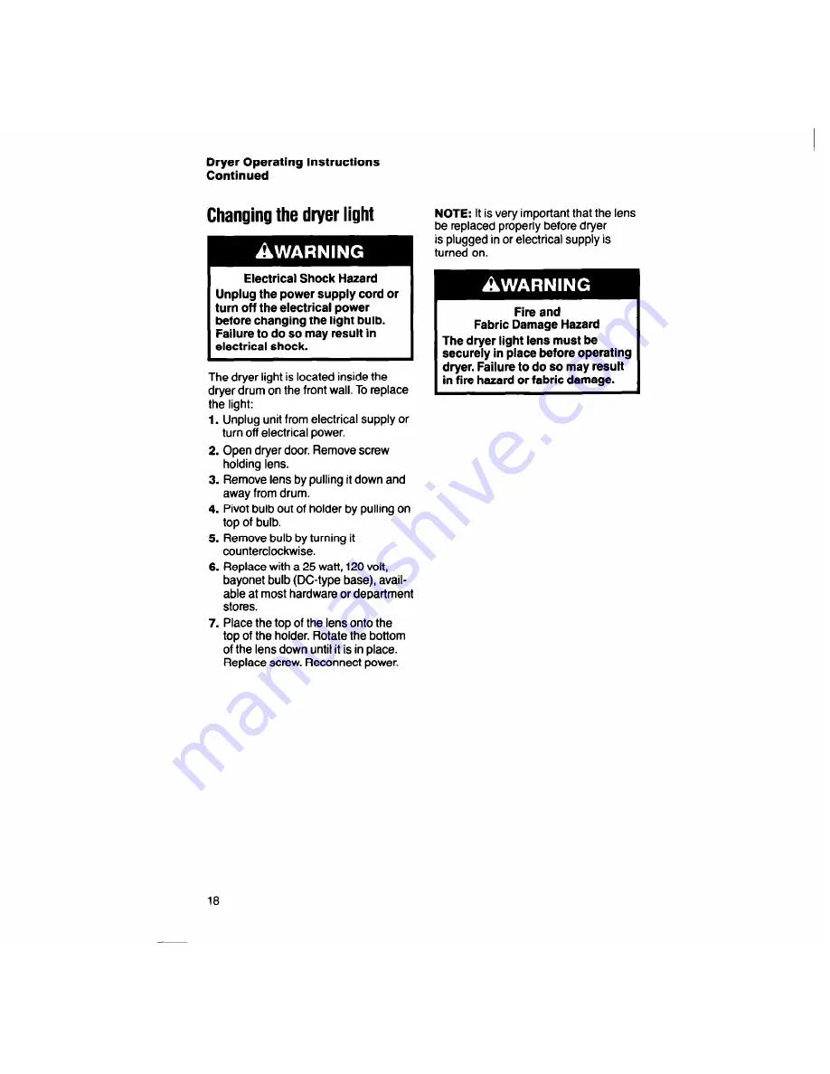 Whirlpool Thin Twin LT7000XV Use & Care Manual Download Page 18