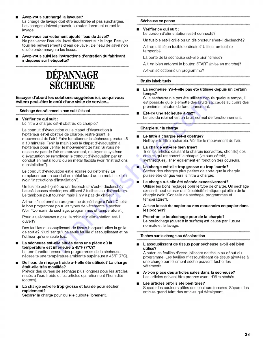 Whirlpool THIN TWIN YLTE5243DQ2 Use & Care Manual Download Page 33