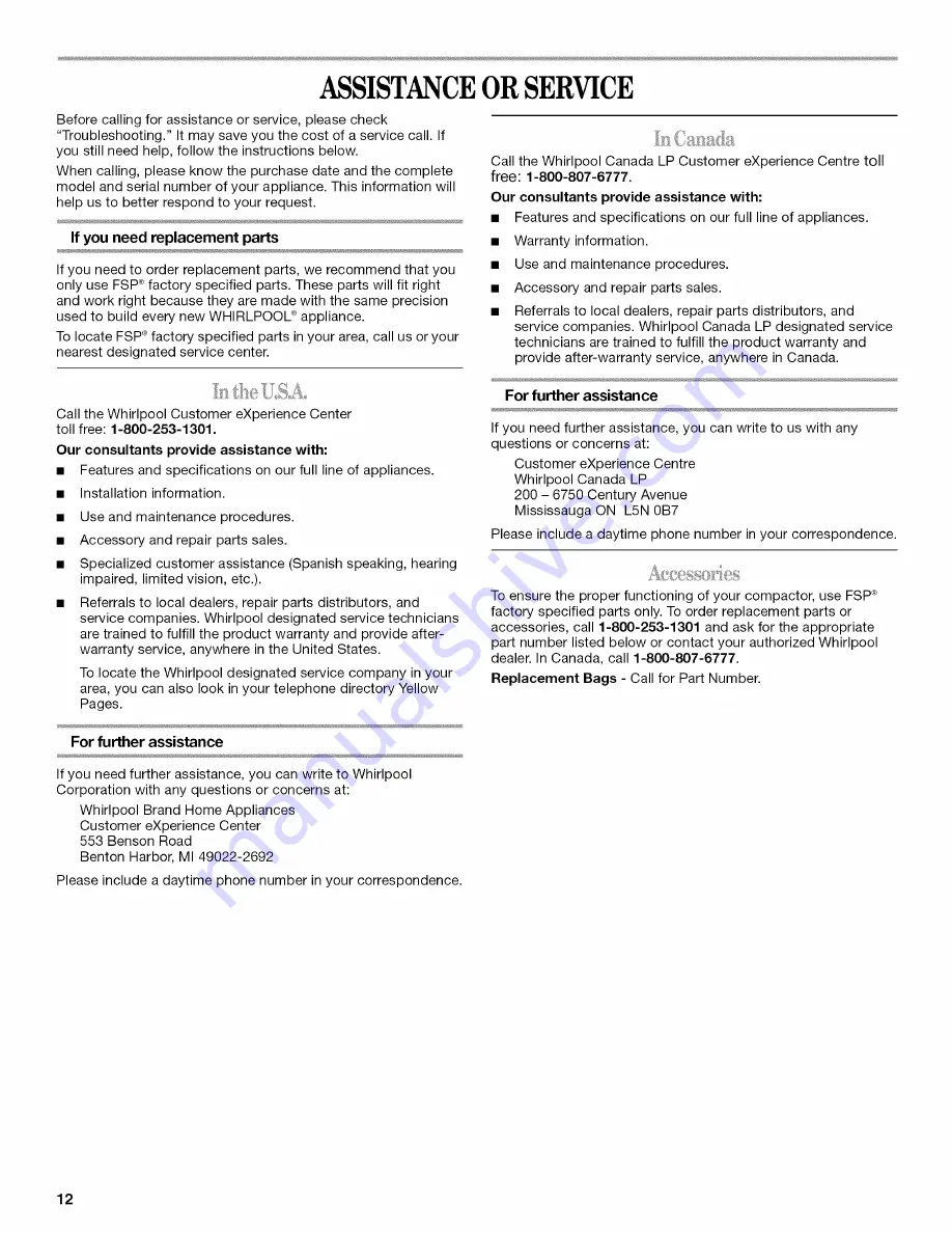 Whirlpool TU950QPXB0 Use & Care Manual Download Page 12