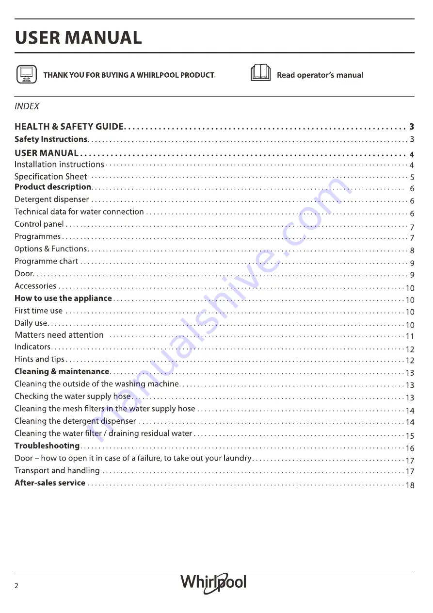 Whirlpool WDC11704RG Series Health & Safety, Use & Care, Installation Manual Download Page 2