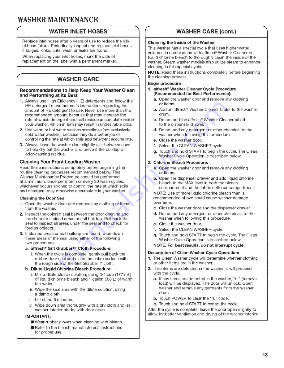 Whirlpool WFW88HEAC1 Use & Care Manual Download Page 13