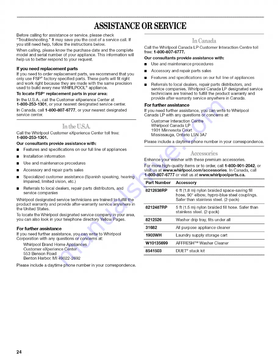 Whirlpool WFW9500TC00 Use & Care Manual Download Page 24