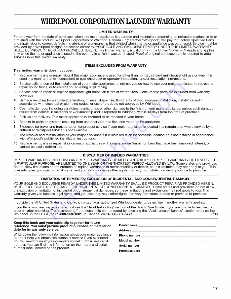 Whirlpool WTW5640XW3 Use And Care Manual Download Page 17