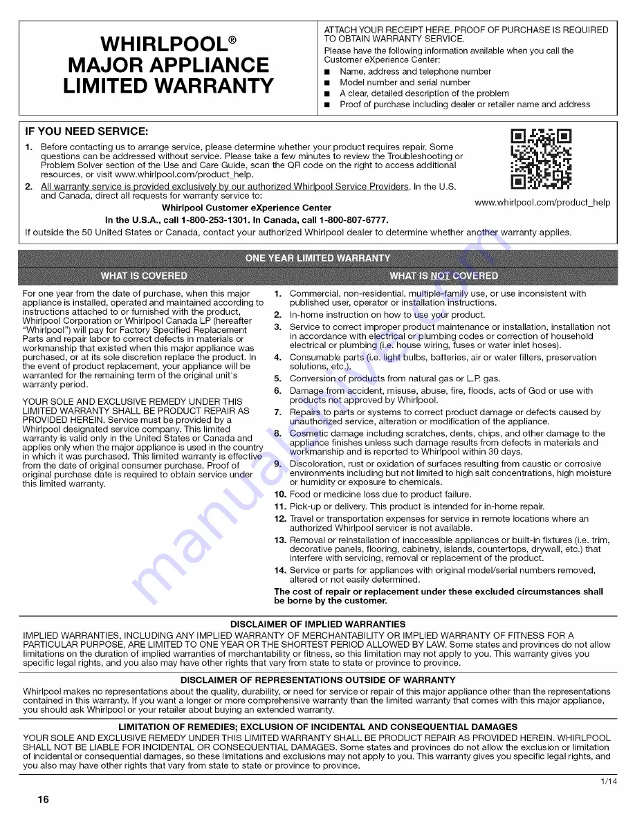 Whirlpool WVI75UC6DS0 Installation Instructions And Use & Care Manual Download Page 16