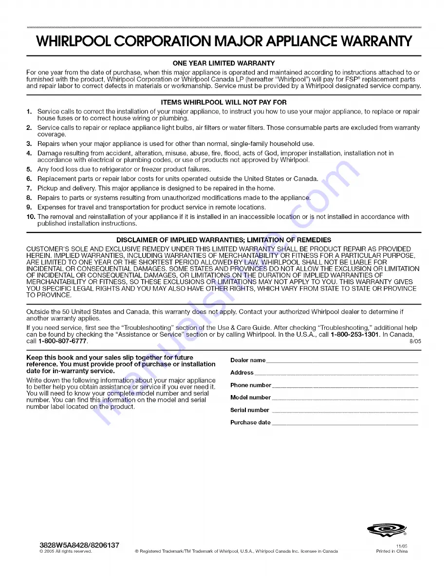 Whirlpool YMT4110K Use & Care Manual Download Page 24