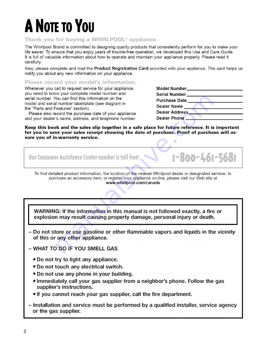 Whirlpool YSF315PEG Use & Care Manual Download Page 2