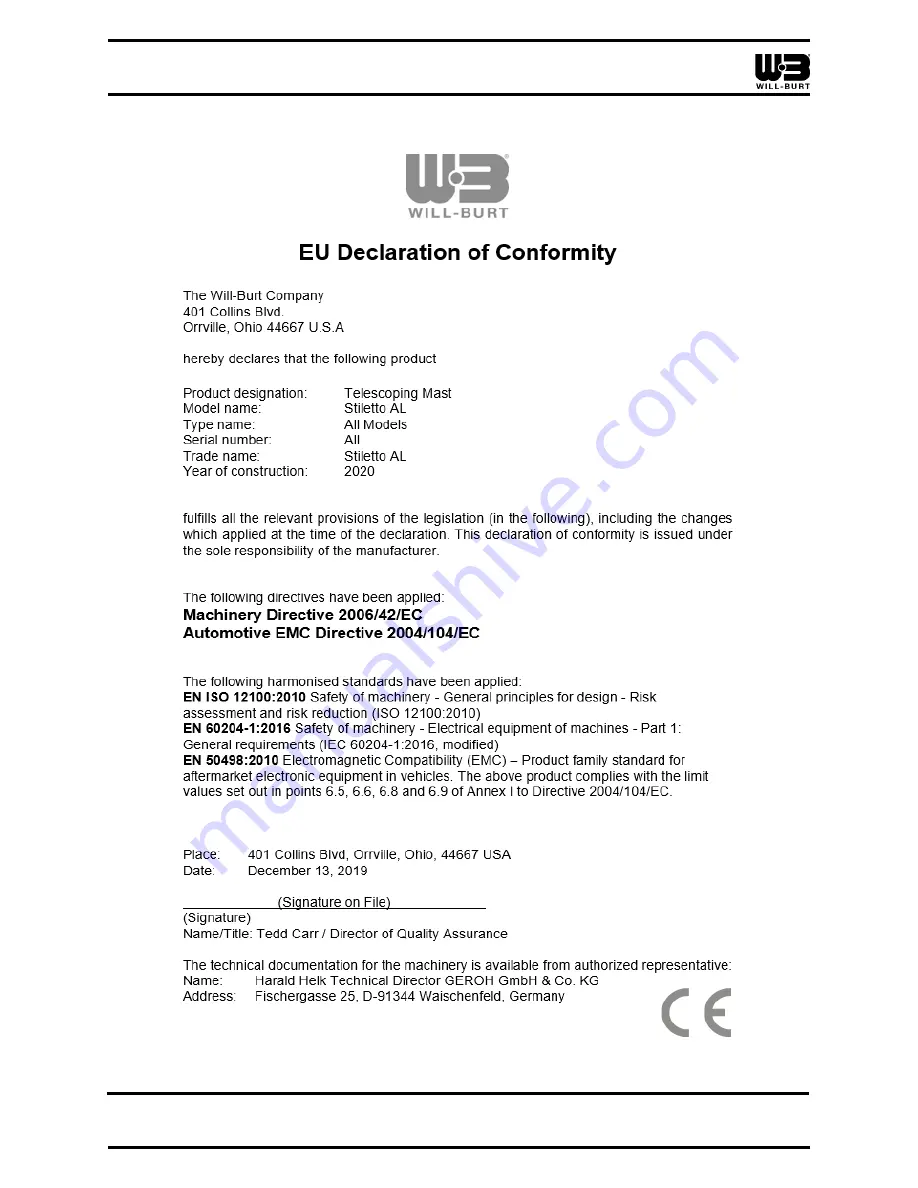 Will Burt 711990491 Operating Instructions Manual Download Page 16