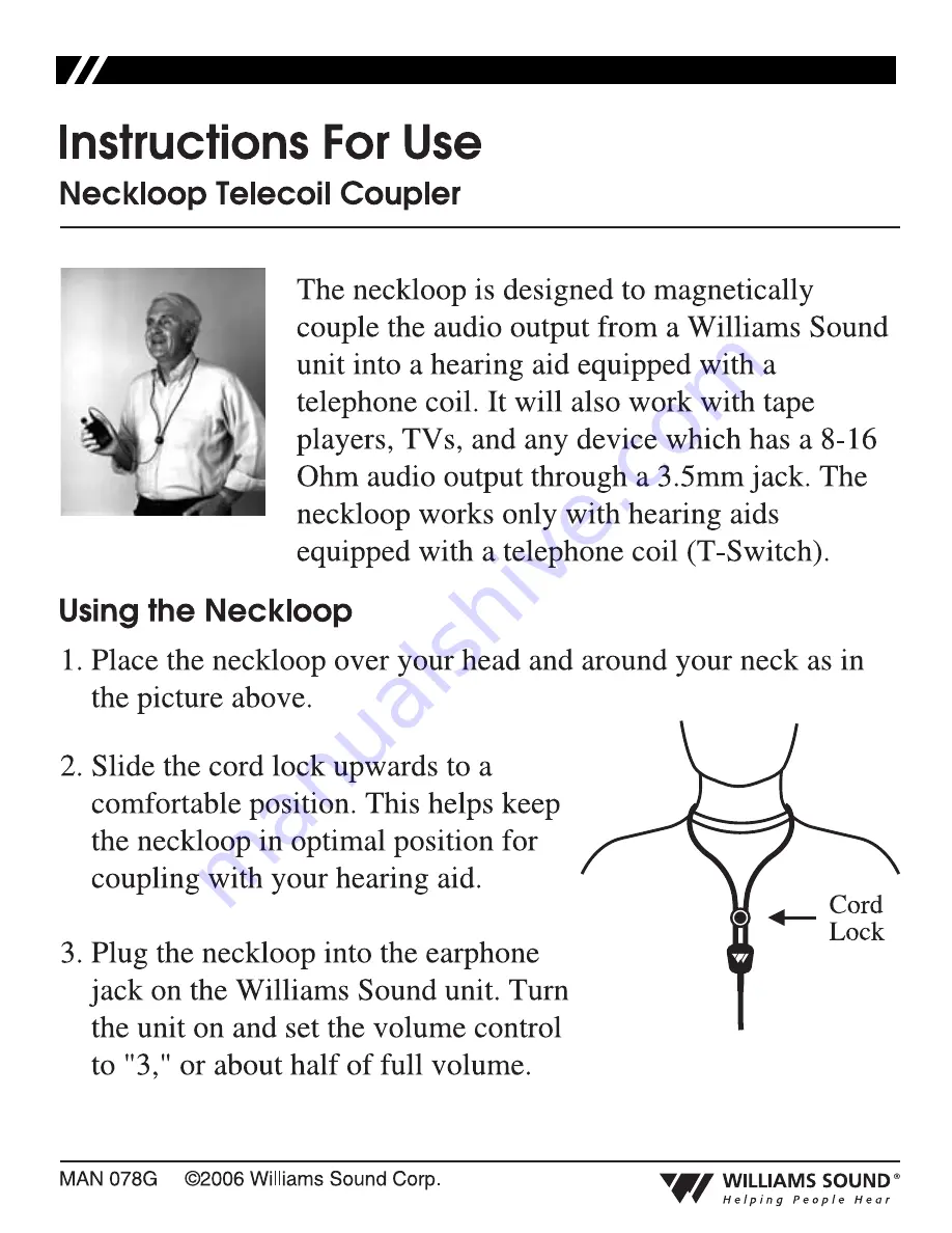 Williams Sound Neckloop Instructions For Use Manual Download Page 1