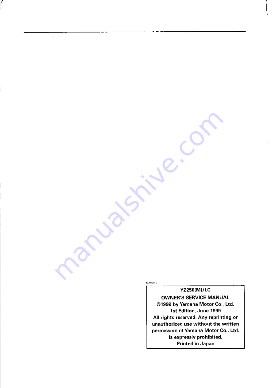 Yamaha 2000 YZ250/LC Owner'S Service Manual Download Page 2