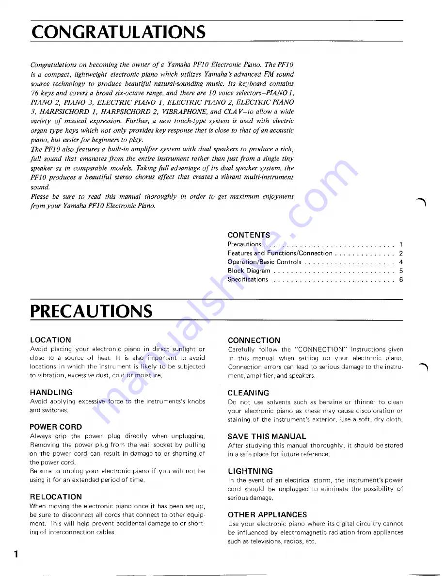 Yamaha PF10 Owner'S Manual Download Page 2