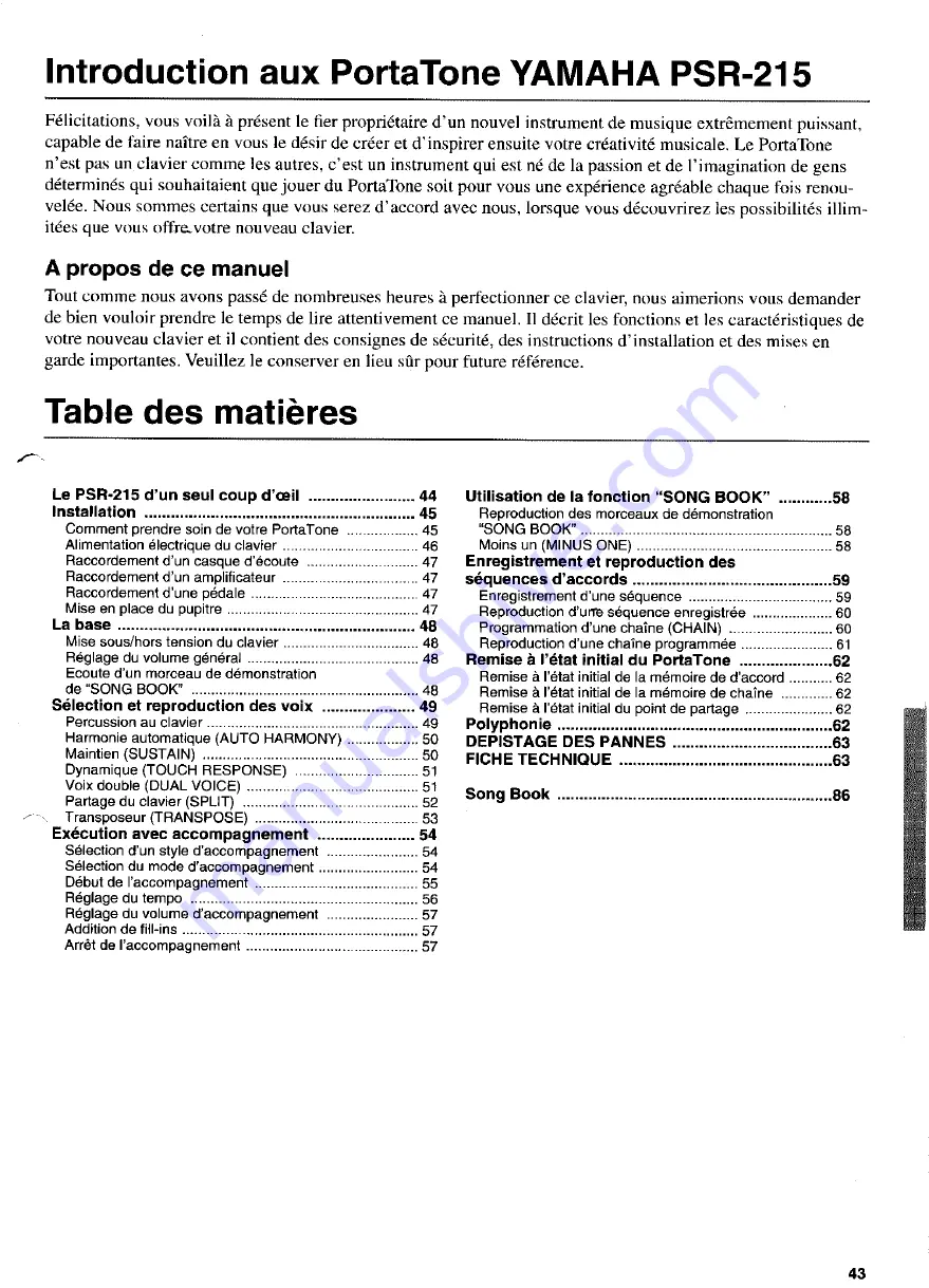 Yamaha Portatone PSR-215 (French) Mode D'Emploi Download Page 3