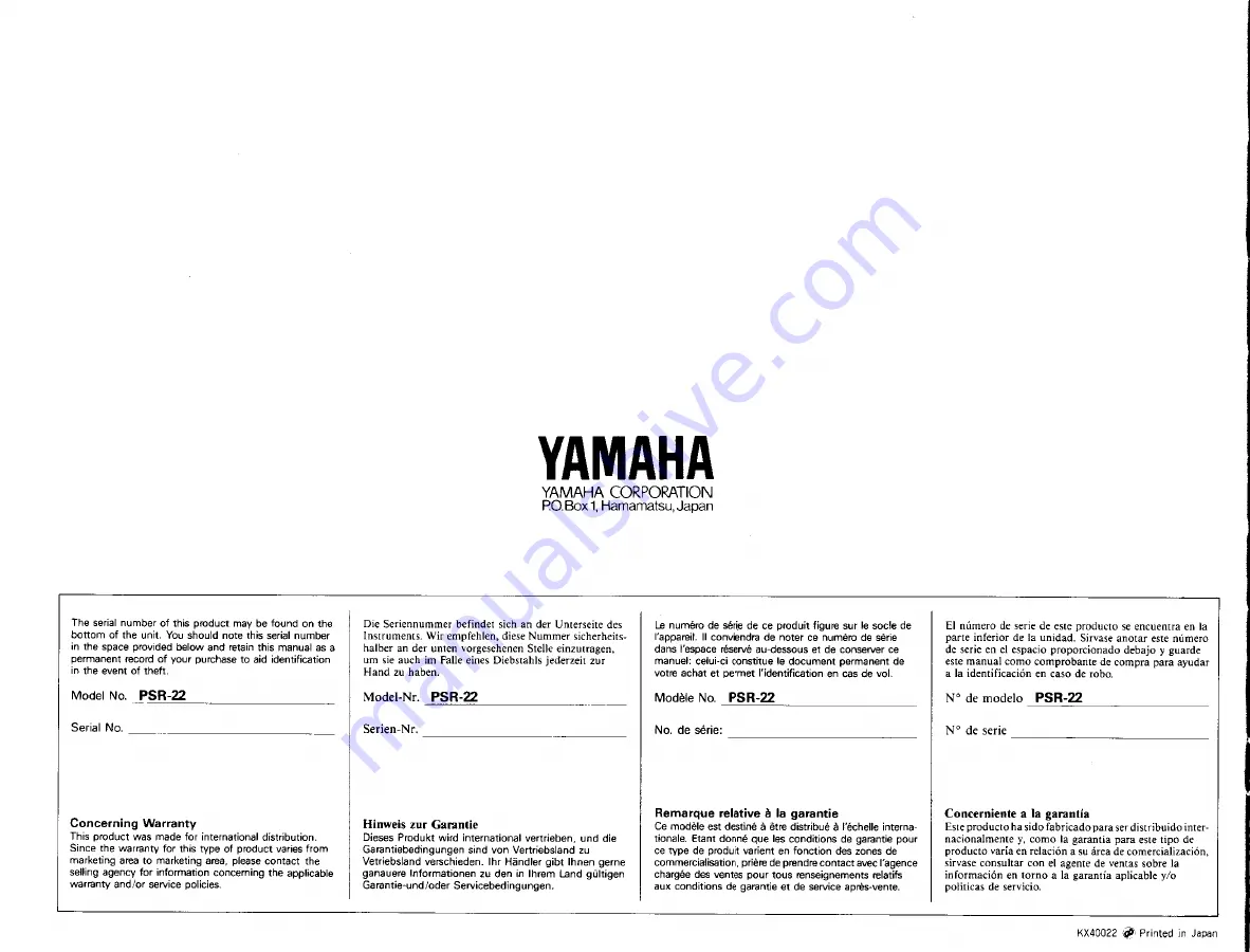 Yamaha PortaTone PSR-22 Owner'S Manual Download Page 20