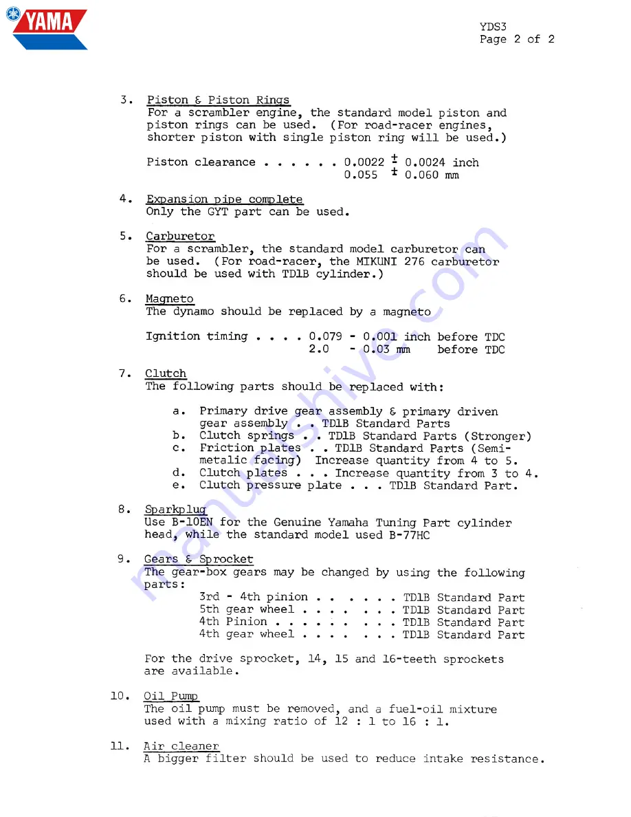 Yamaha YDS3 Service Manual Download Page 176