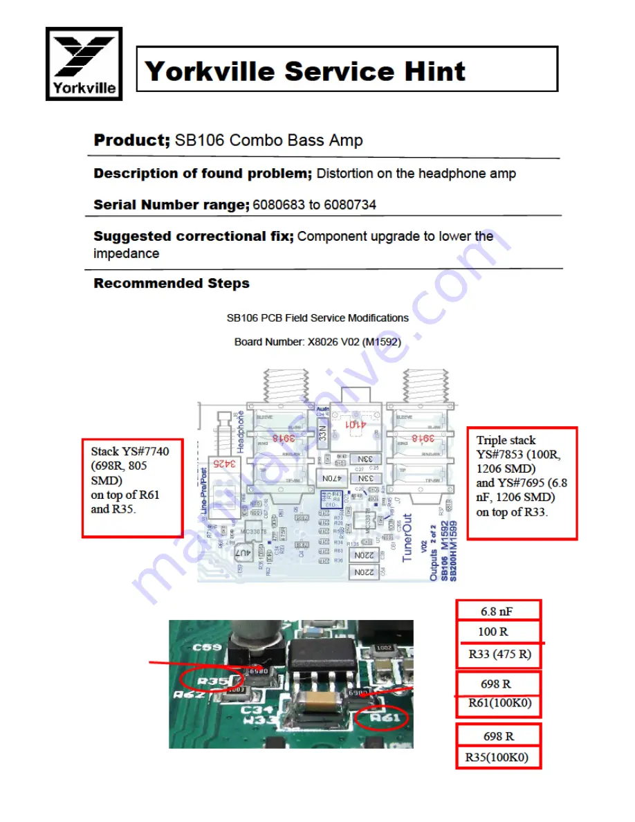 YORKVILLE Traynor SB106 Service Manual Download Page 29