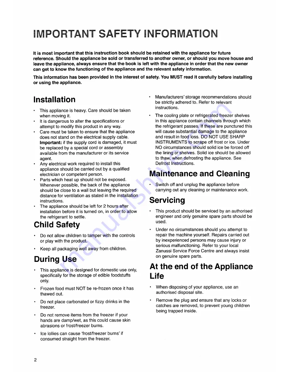 Zanussi ZK 62/23 RF Instruction Booklet Download Page 2